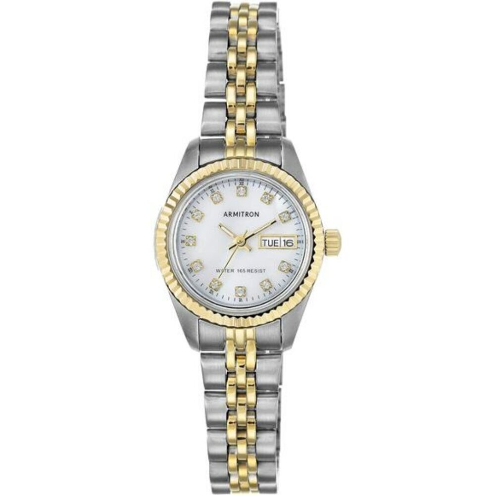 Womens Two Tone Bracelet Watch Crystal Accents Mother of Pearl Dial Date